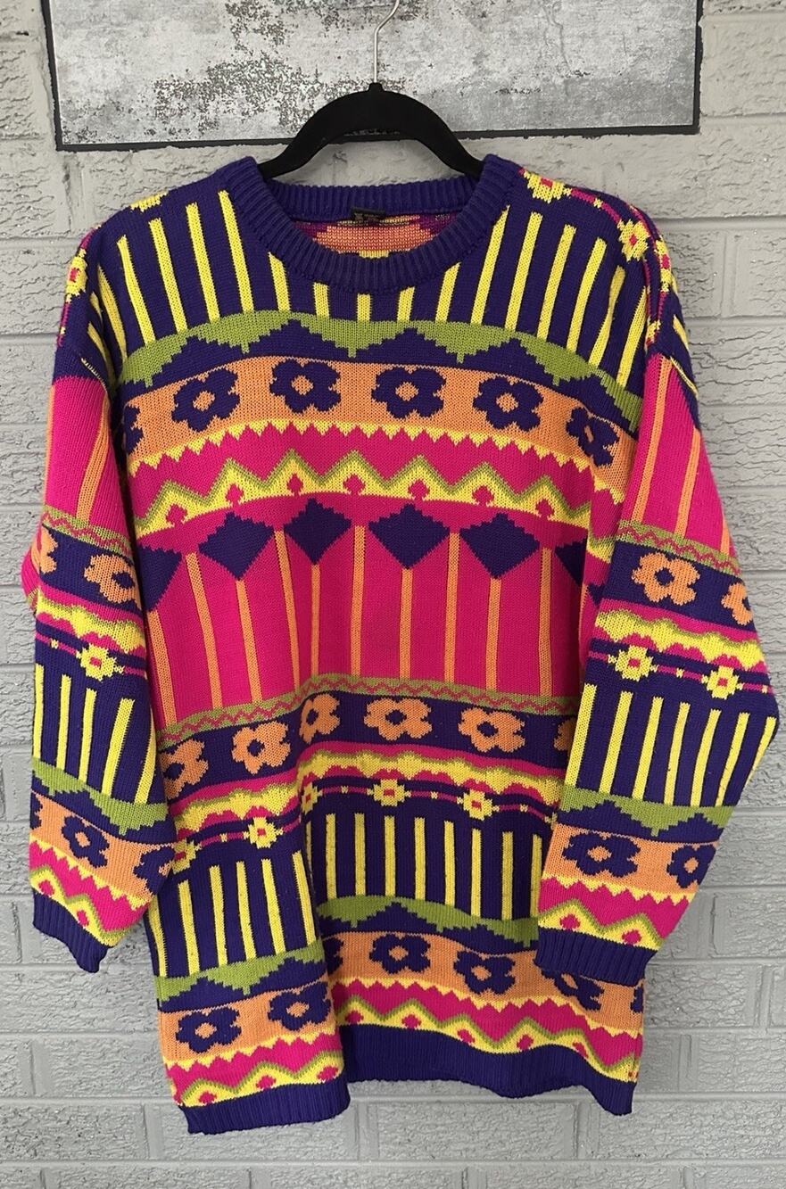 Vintage Cosby Style Sweater Abstract Florals Mid Length Eclectic Small Colorful